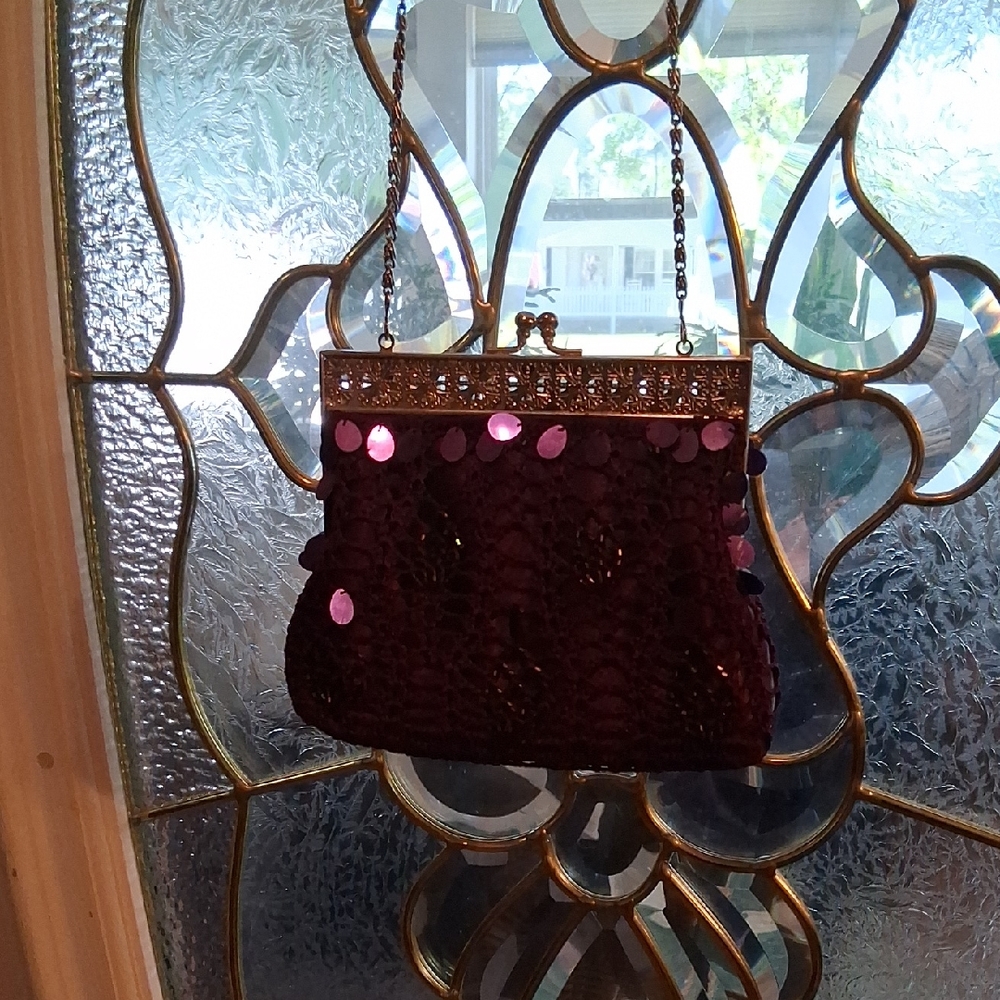 Purple Sequin Crochet Evening Clutch with Chain Handle